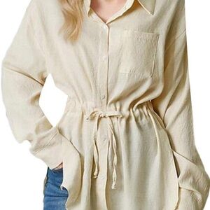 🌸 Shein Cream Tie Waist Blouse L Minimalist Spring Button Shirt Top